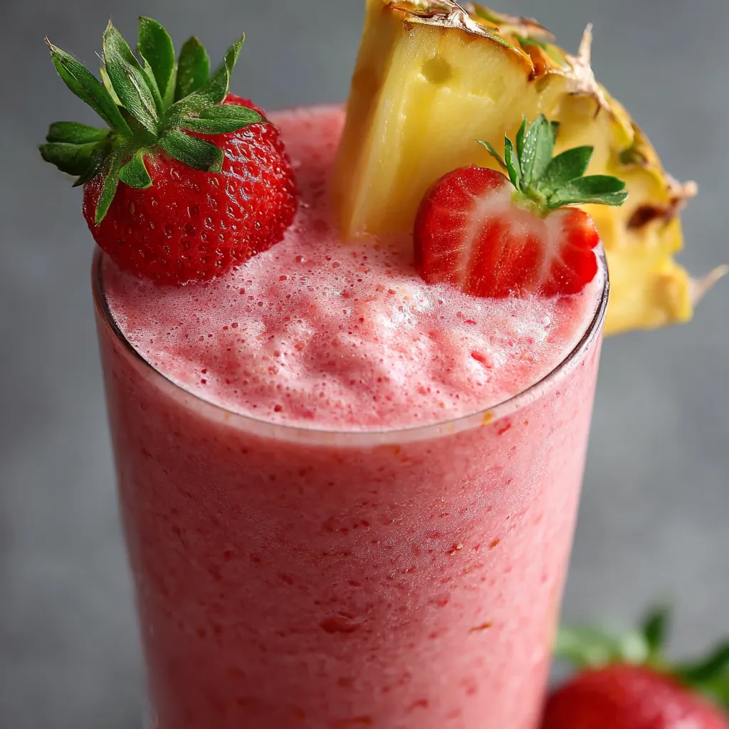 Strawberry Piña Colada Smoothie in a glass with pineapple and strawberry garnish, creamy and frosty tropical drink.