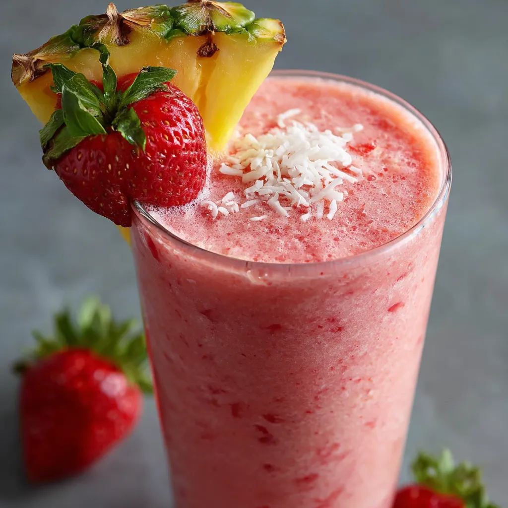 Strawberry Piña Colada Smoothie in a glass with pineapple and strawberry garnish, creamy and frosty tropical drink.