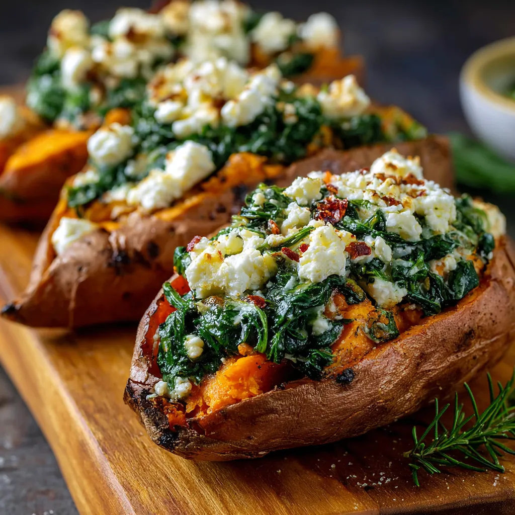 Stuffed sweet potatoes filled with spinach, crumbled feta, and garlic, served on a rustic wooden plate.