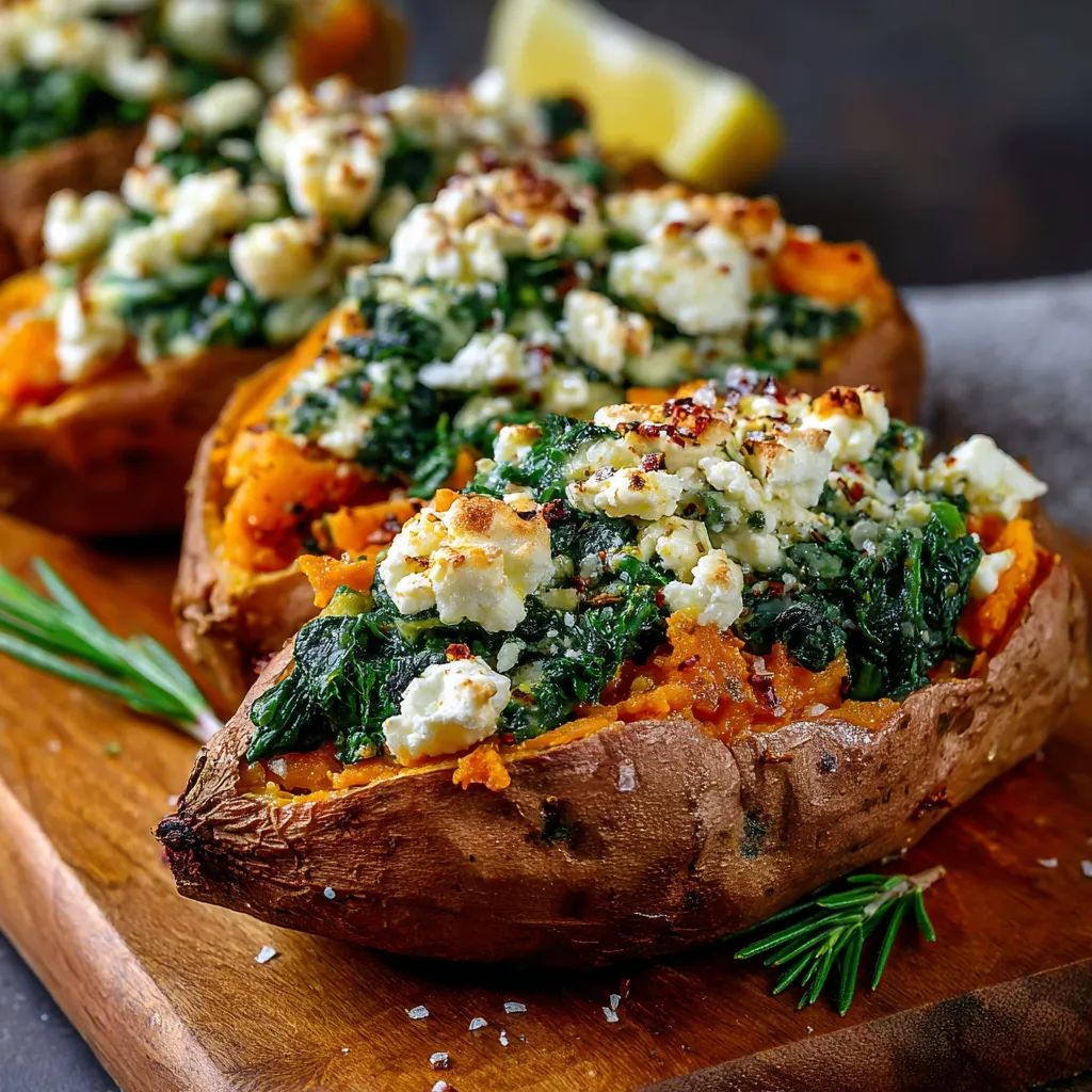 Stuffed sweet potatoes filled with spinach, crumbled feta, and garlic, served on a rustic wooden plate.