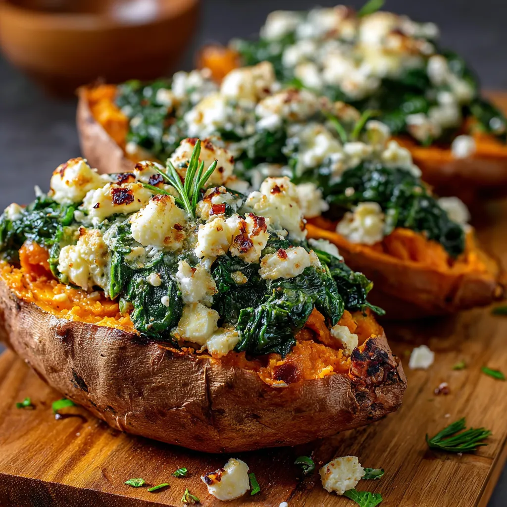 Stuffed sweet potatoes filled with spinach, crumbled feta, and garlic, served on a rustic wooden plate.