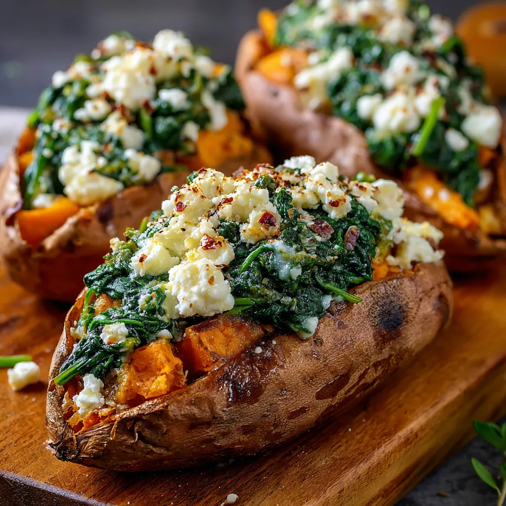Stuffed sweet potatoes filled with spinach, crumbled feta, and garlic, served on a rustic wooden plate.