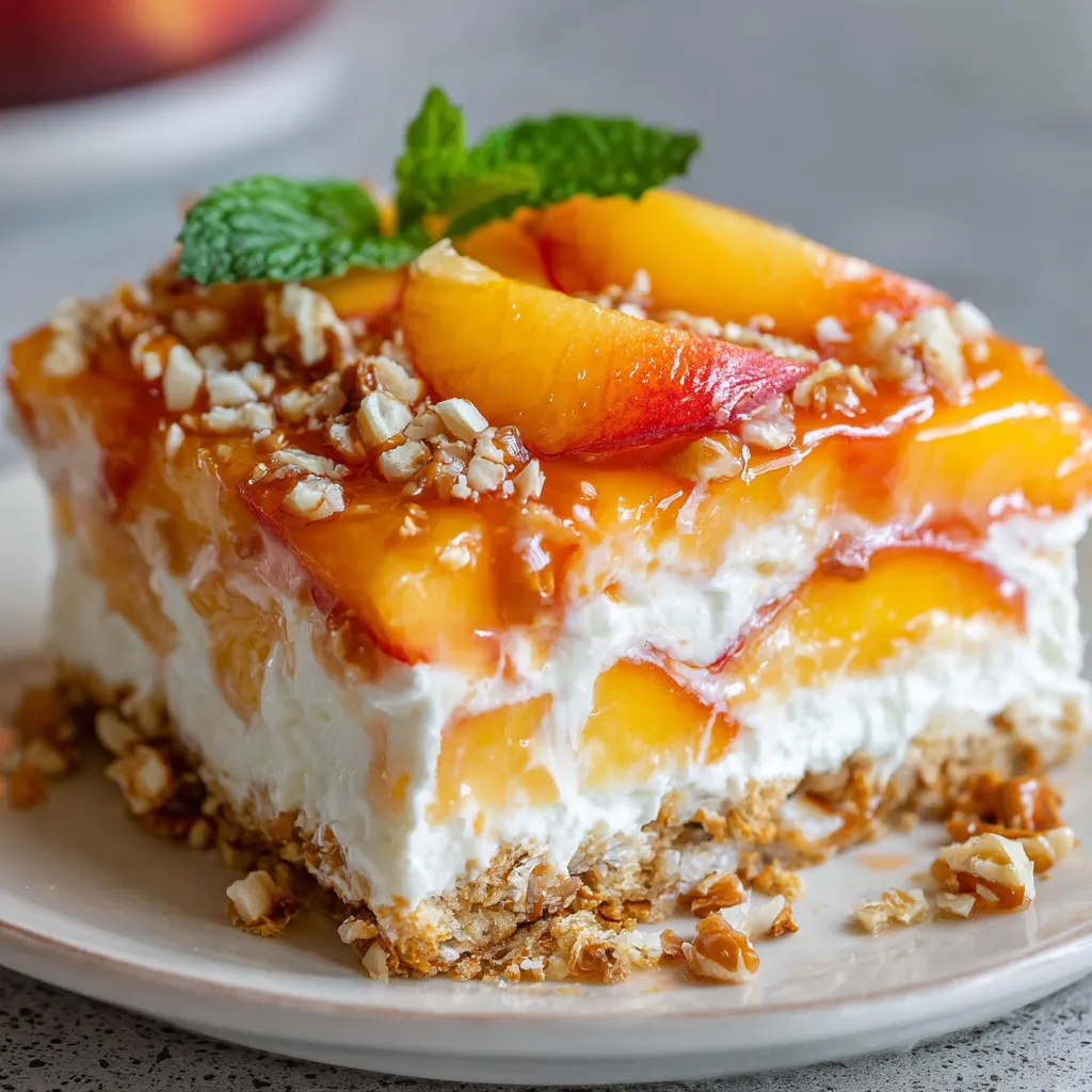 Overhead shot of a peach pretzel salad in a glass baking dish with visible layers of pretzel crust, cream cheese filling, and peach topping.