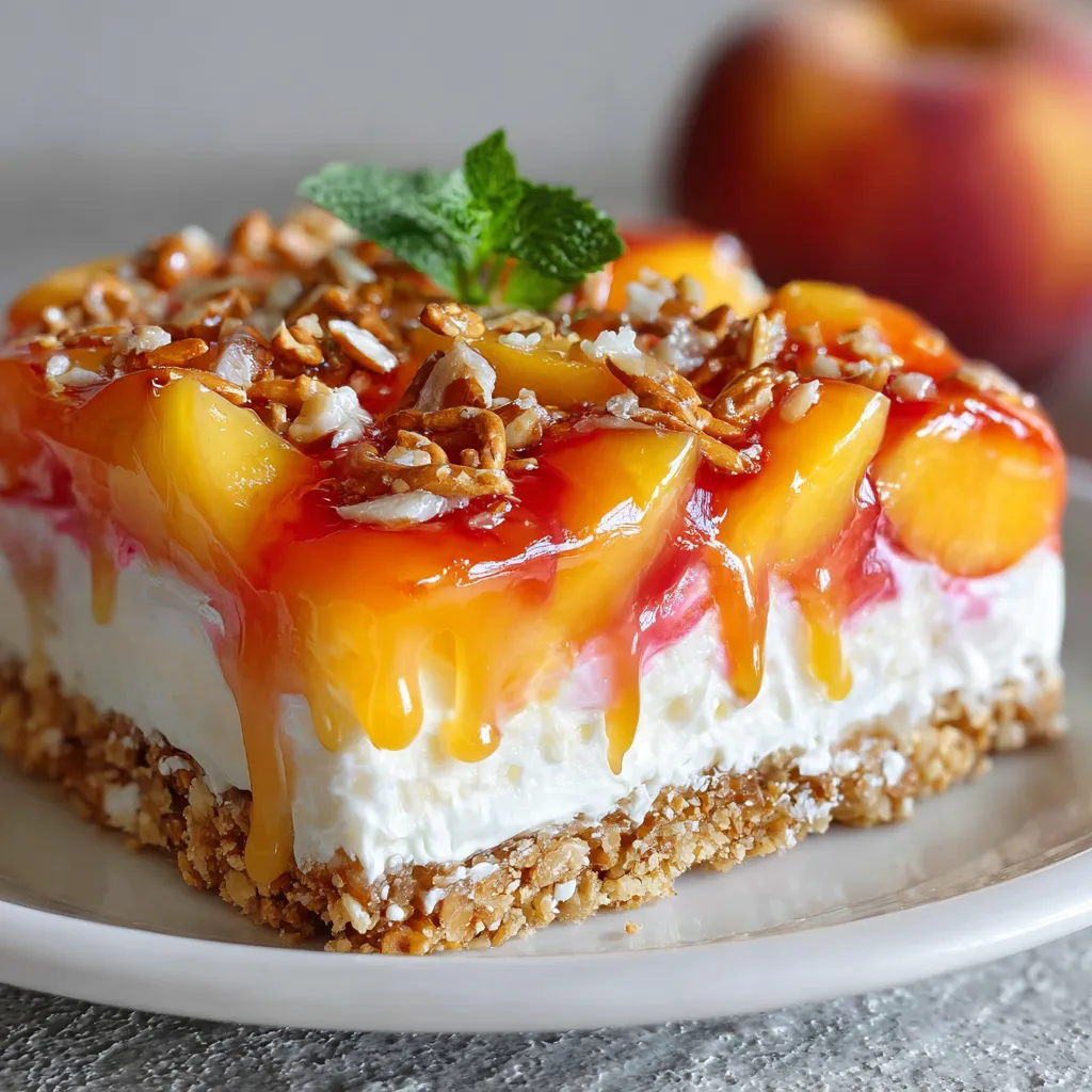 Overhead shot of a peach pretzel salad in a glass baking dish with visible layers of pretzel crust, cream cheese filling, and peach topping.