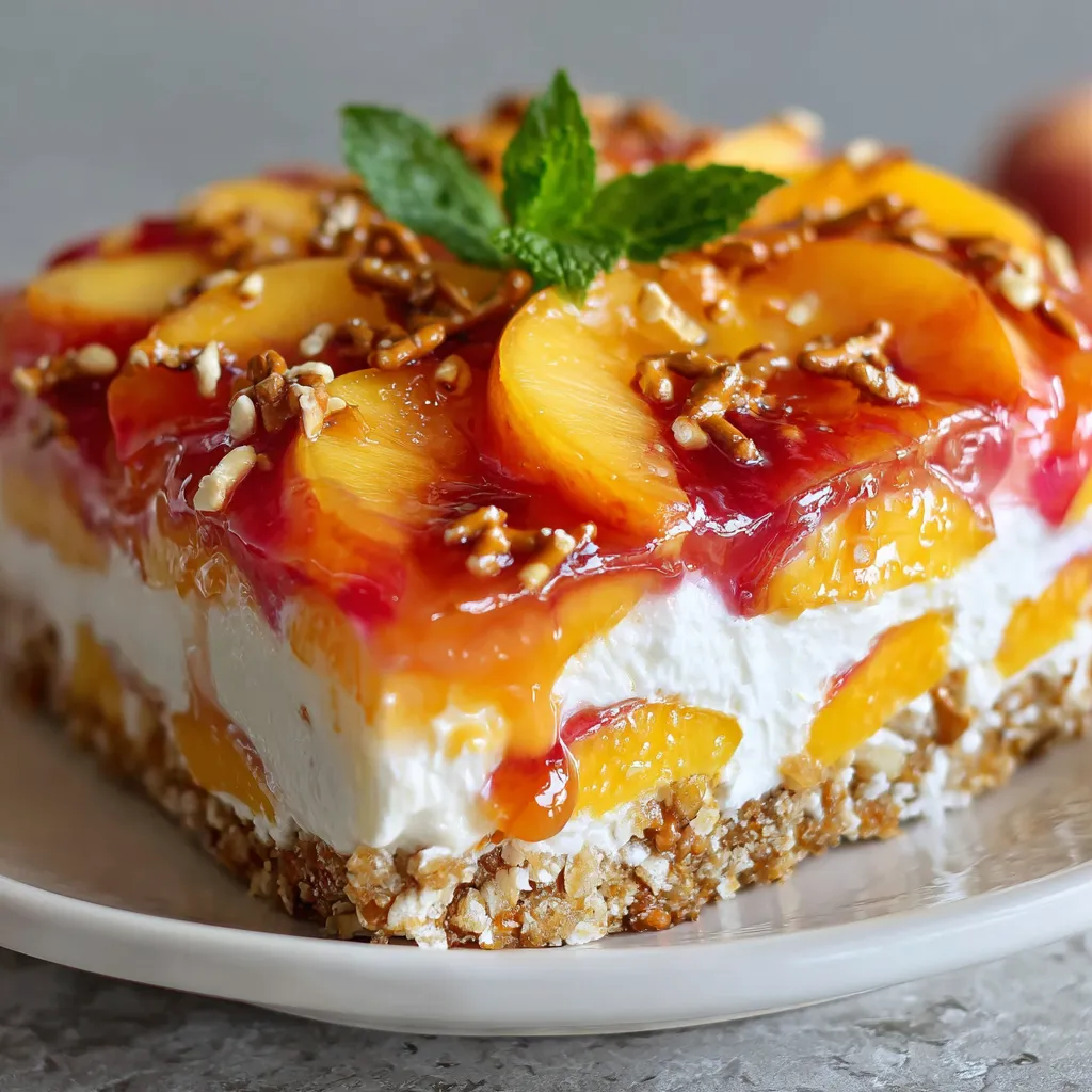 Overhead shot of a peach pretzel salad in a glass baking dish with visible layers of pretzel crust, cream cheese filling, and peach topping.