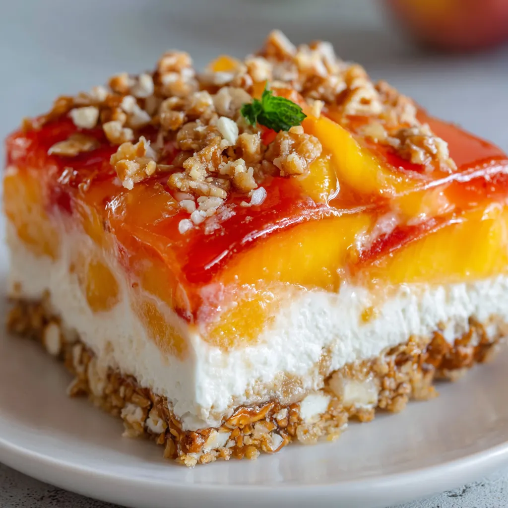 Overhead shot of a peach pretzel salad in a glass baking dish with visible layers of pretzel crust, cream cheese filling, and peach topping.
