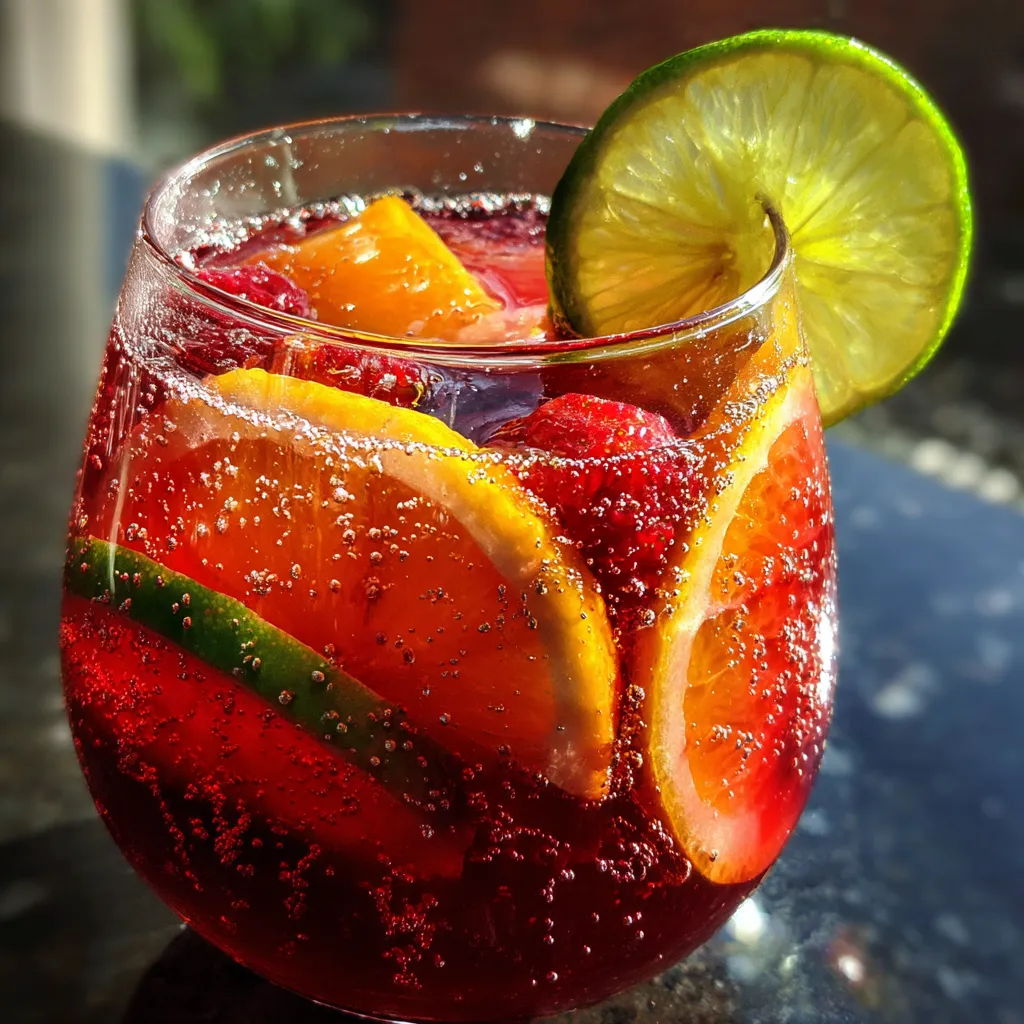 Glass pitcher of Sunkissed Sangria Splash with floating citrus slices, strawberries, and fresh mint garnish.