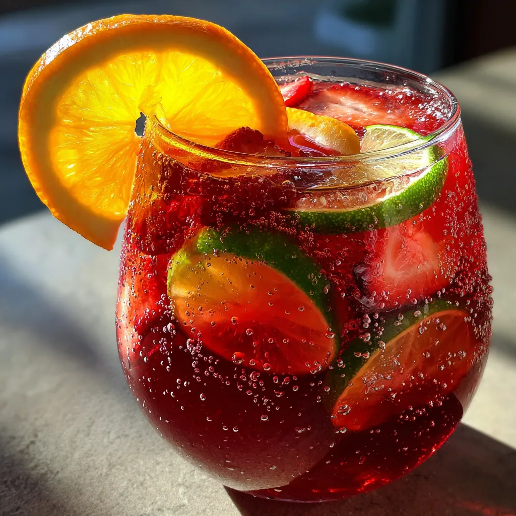 Glass pitcher of Sunkissed Sangria Splash with floating citrus slices, strawberries, and fresh mint garnish.