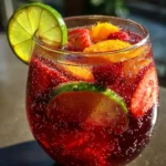 Glass pitcher of Sunkissed Sangria Splash with floating citrus slices, strawberries, and fresh mint garnish.