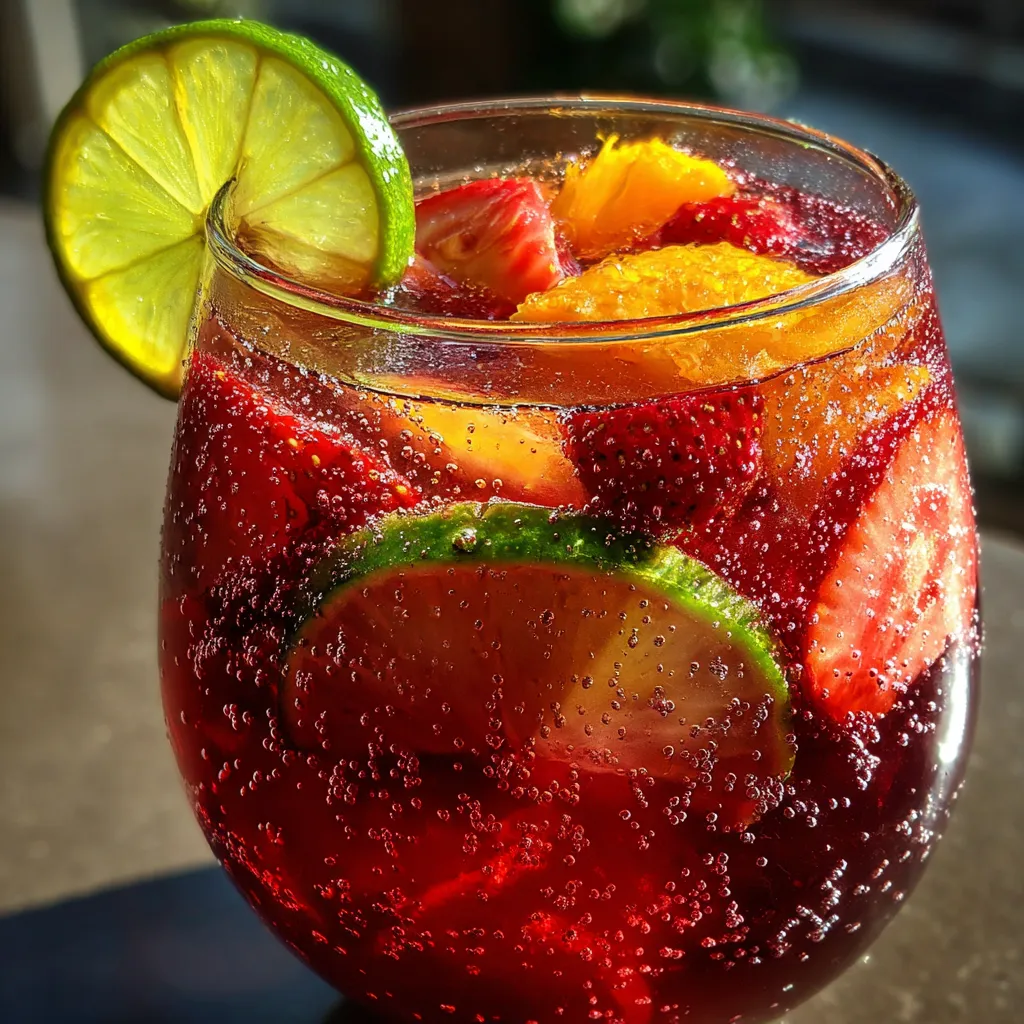 Glass pitcher of Sunkissed Sangria Splash with floating citrus slices, strawberries, and fresh mint garnish.