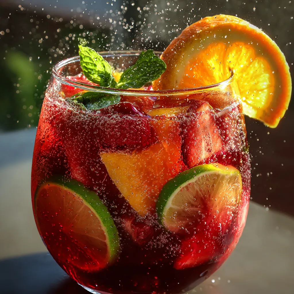 Glass pitcher of Sunkissed Sangria Splash with floating citrus slices, strawberries, and fresh mint garnish.