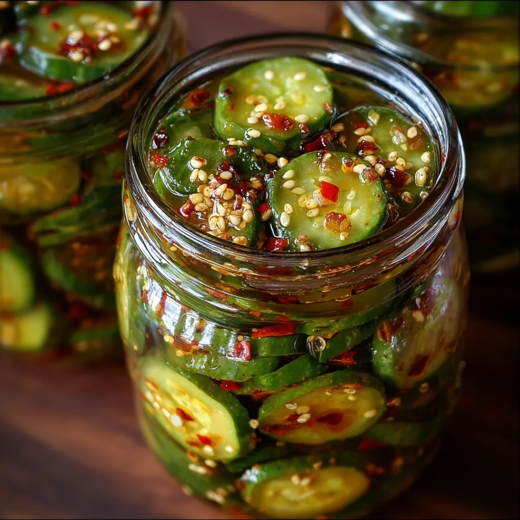 Sweet and spicy pickles in a glass jar with sliced cucumbers, onions, and spices visible in tangy brine.