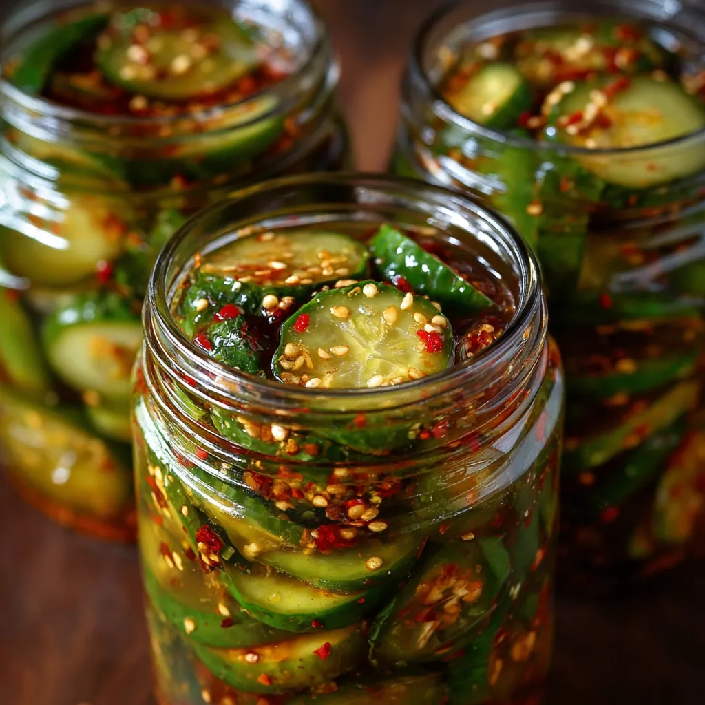 Sweet and spicy pickles in a glass jar with sliced cucumbers, onions, and spices visible in tangy brine.