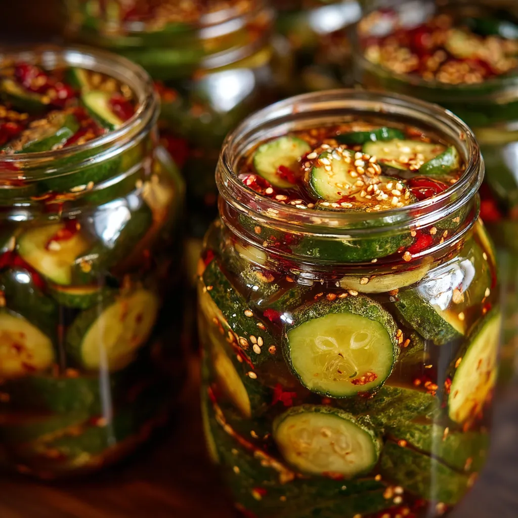 Sweet and spicy pickles in a glass jar with sliced cucumbers, onions, and spices visible in tangy brine.