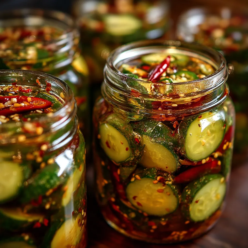 Sweet and spicy pickles in a glass jar with sliced cucumbers, onions, and spices visible in tangy brine.