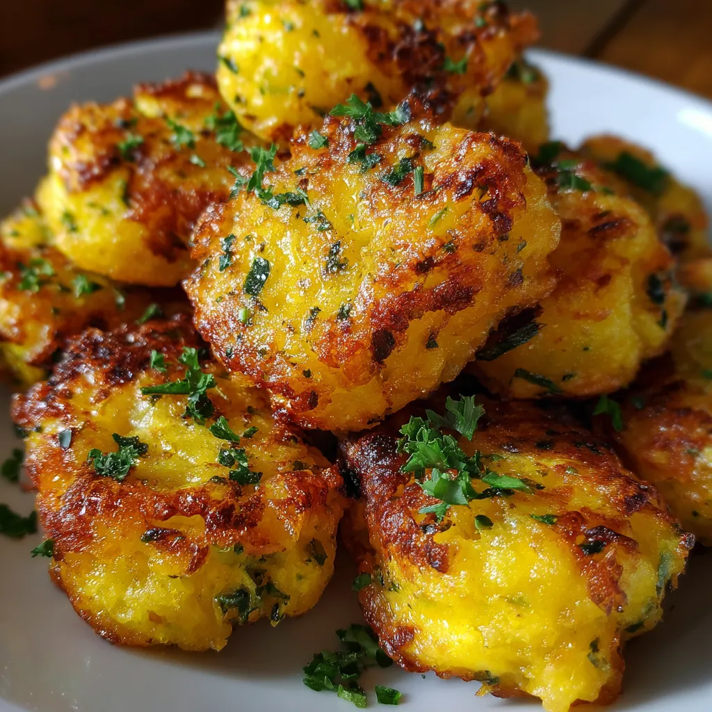 Golden yellow squash tots baked until crispy, served on a white plate with a side of ranch dressing.