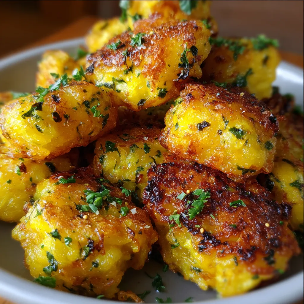 Golden yellow squash tots baked until crispy, served on a white plate with a side of ranch dressing.