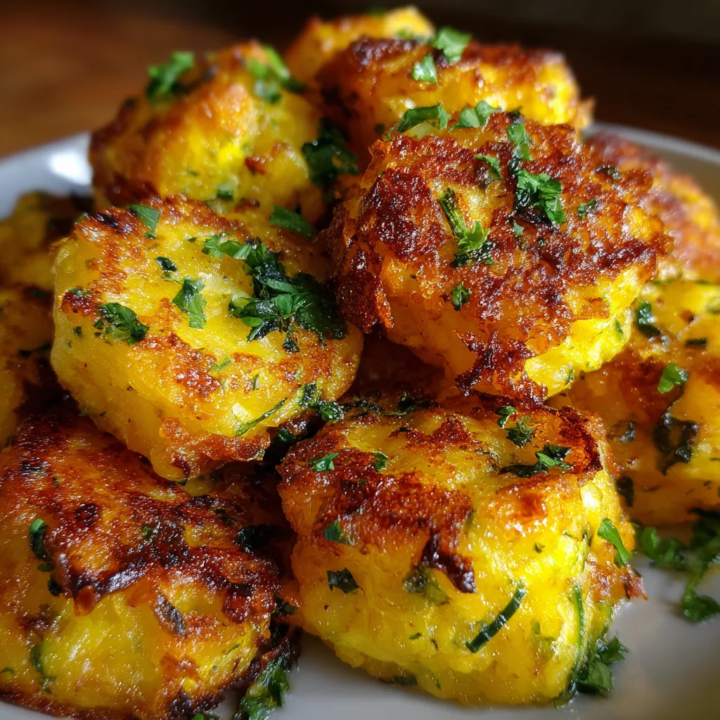 Golden yellow squash tots baked until crispy, served on a white plate with a side of ranch dressing.