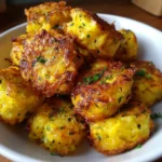 Golden yellow squash tots baked until crispy, served on a white plate with a side of ranch dressing.