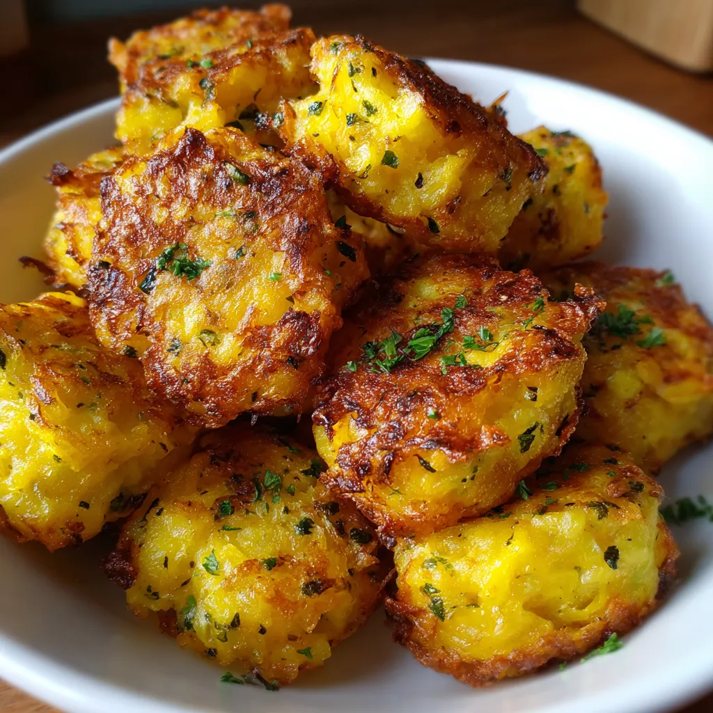 Golden yellow squash tots baked until crispy, served on a white plate with a side of ranch dressing.