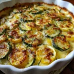 Golden baked zucchini gratin with yellow squash in a rustic casserole dish, topped with melted cheese and crispy breadcrumbs.