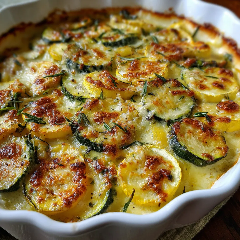 Golden baked zucchini gratin with yellow squash in a rustic casserole dish, topped with melted cheese and crispy breadcrumbs.