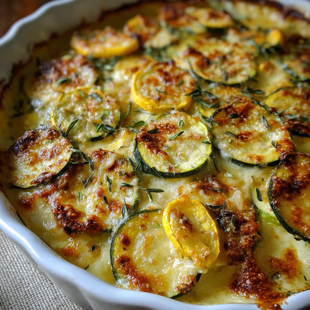 Golden baked zucchini gratin with yellow squash in a rustic casserole dish, topped with melted cheese and crispy breadcrumbs.