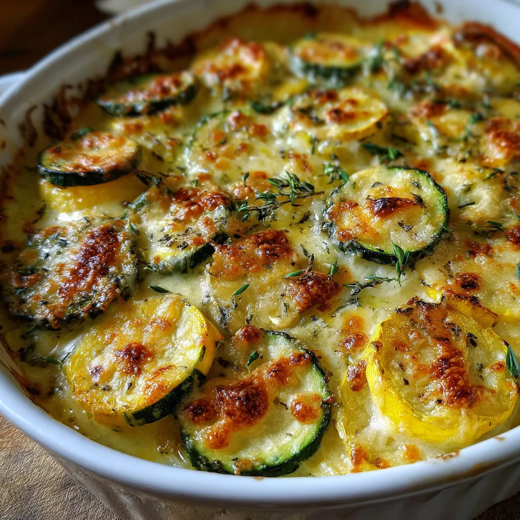 Golden baked zucchini gratin with yellow squash in a rustic casserole dish, topped with melted cheese and crispy breadcrumbs.