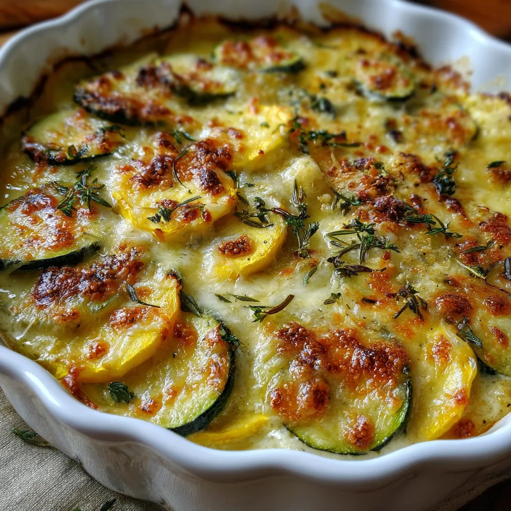 Golden baked zucchini gratin with yellow squash in a rustic casserole dish, topped with melted cheese and crispy breadcrumbs.