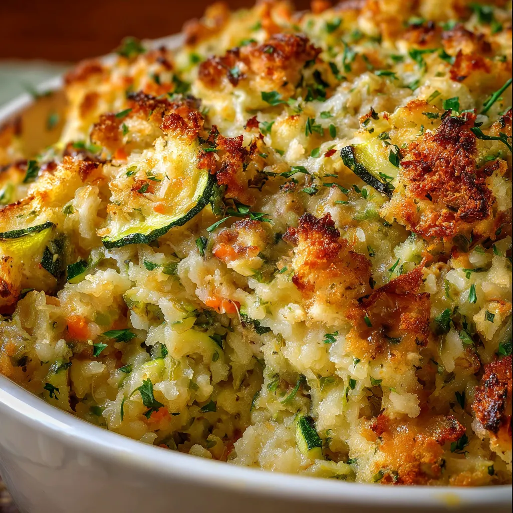 Cheesy zucchini rice casserole in a baking dish topped with golden stuffing mix.