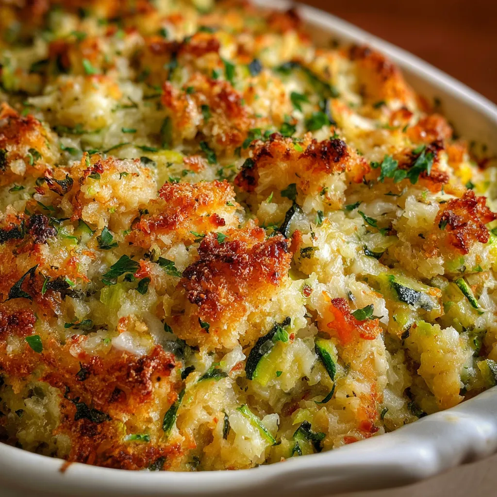 Cheesy zucchini rice casserole in a baking dish topped with golden stuffing mix.