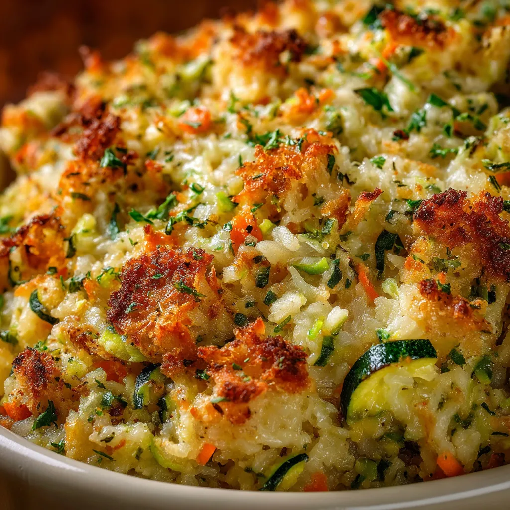 Cheesy zucchini rice casserole in a baking dish topped with golden stuffing mix.