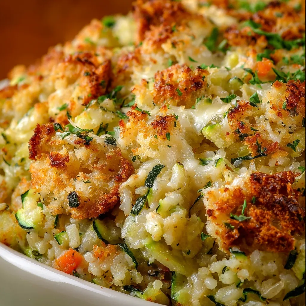 Cheesy zucchini rice casserole in a baking dish topped with golden stuffing mix.