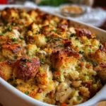Golden baked chicken and stuffing casserole in a 9x13-inch dish, topped with crispy stuffing mix.