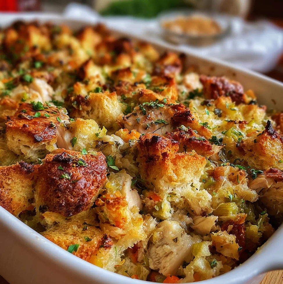 Golden baked chicken and stuffing casserole in a 9x13-inch dish, topped with crispy stuffing mix.