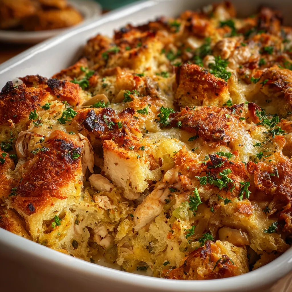 Golden baked chicken and stuffing casserole in a 9x13-inch dish, topped with crispy stuffing mix.