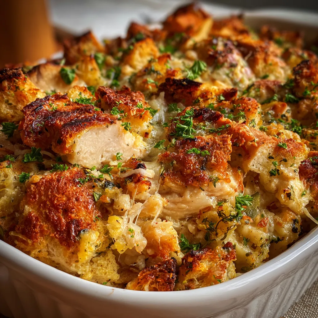 Golden baked chicken and stuffing casserole in a 9x13-inch dish, topped with crispy stuffing mix.
