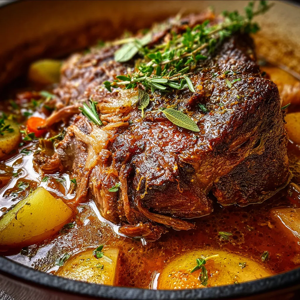 Tender apple cider braised pork shoulder served with golden sauce and fresh apple slices.