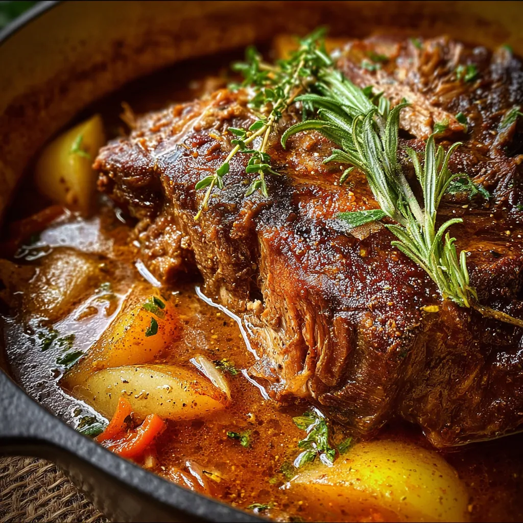 Tender apple cider braised pork shoulder served with golden sauce and fresh apple slices.