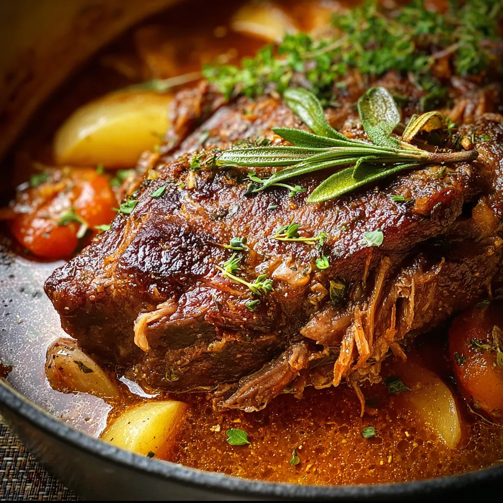 Tender apple cider braised pork shoulder served with golden sauce and fresh apple slices.