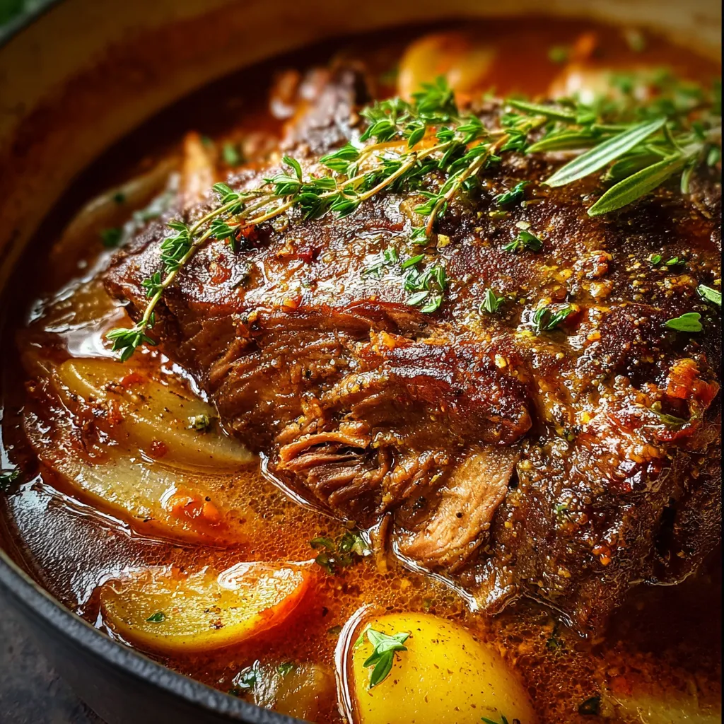 Tender apple cider braised pork shoulder served with golden sauce and fresh apple slices.