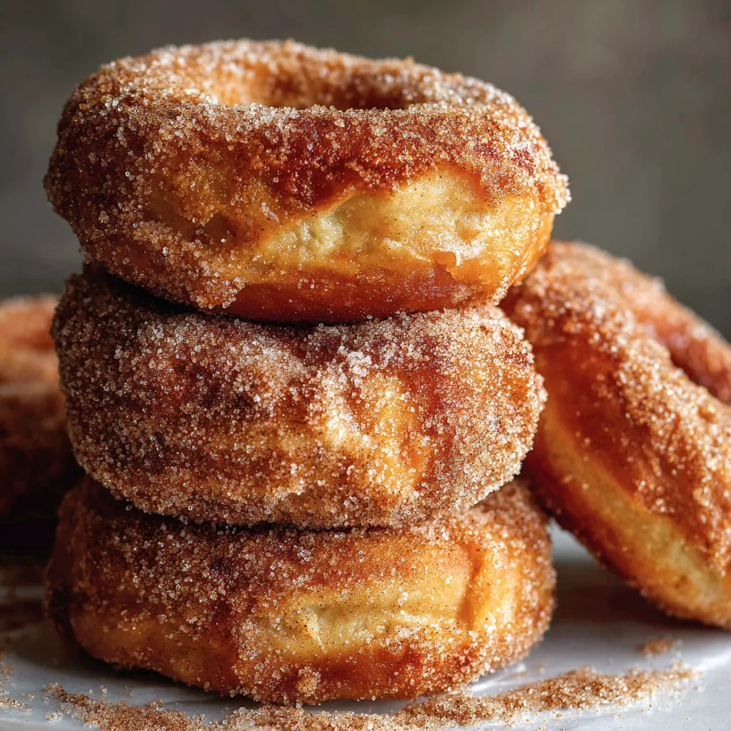 Homemade apple donuts with cinnamon sugar topping on a wire rack.