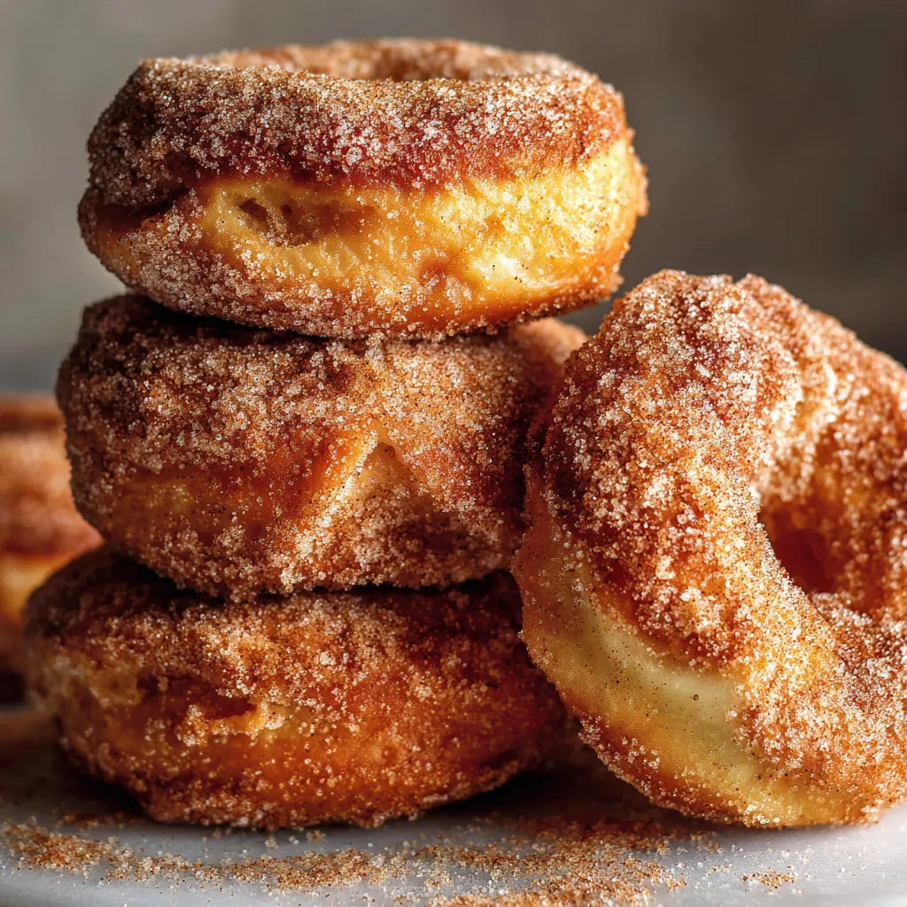 Homemade apple donuts with cinnamon sugar topping on a wire rack.