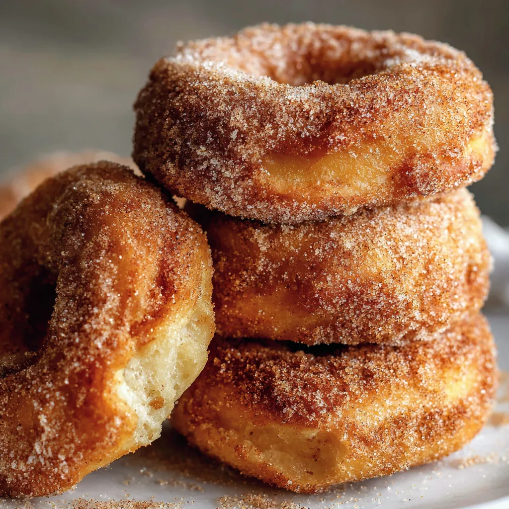Homemade apple donuts with cinnamon sugar topping on a wire rack.