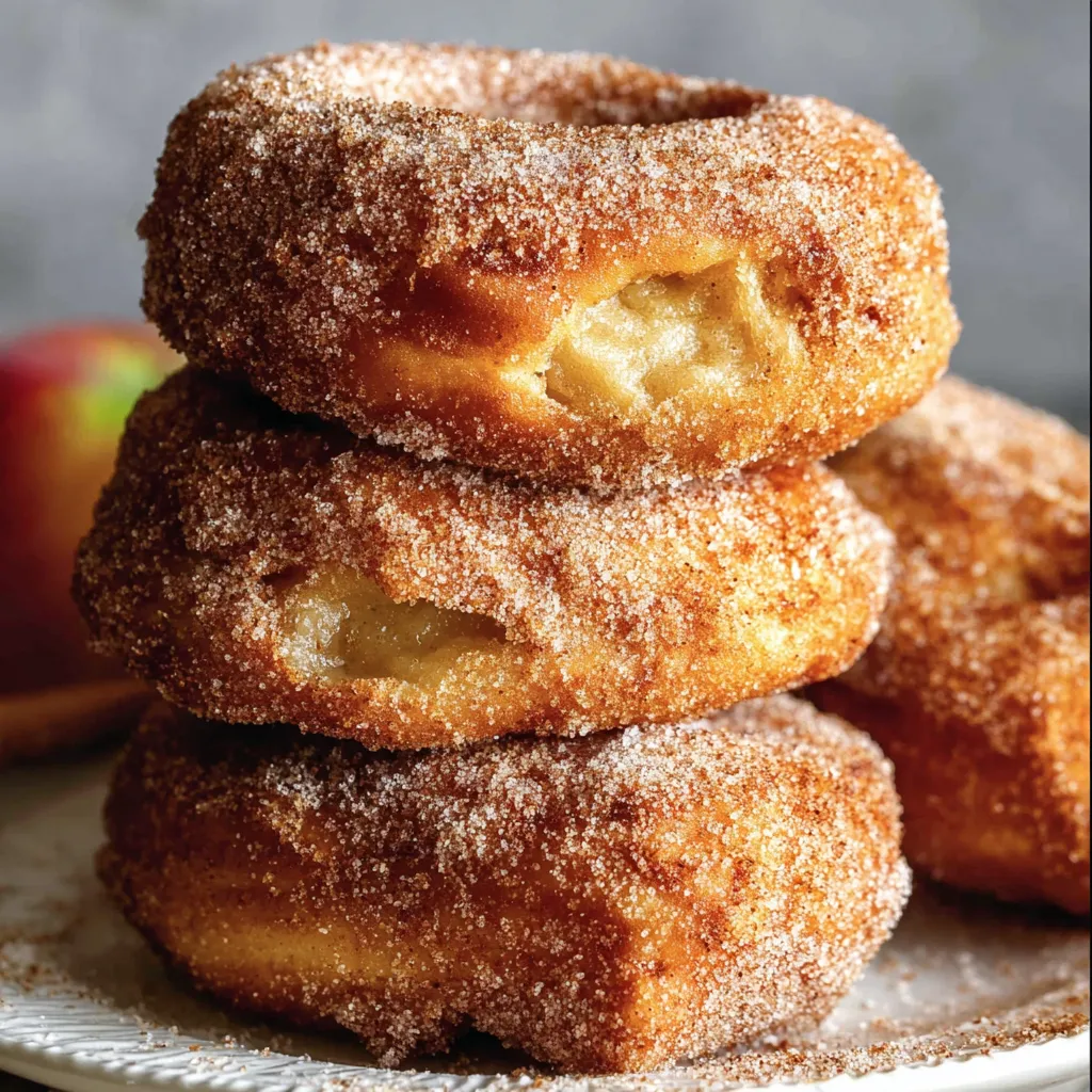 Homemade apple donuts with cinnamon sugar topping on a wire rack.