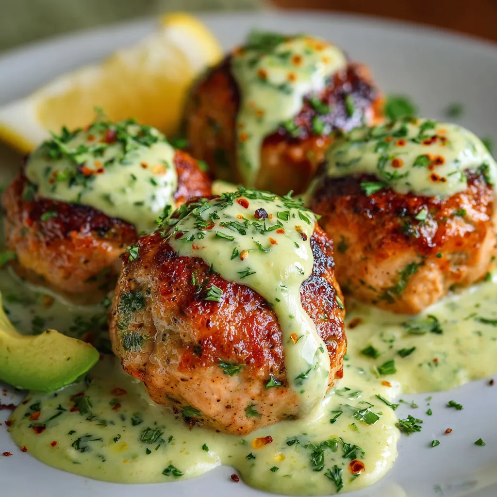 Plate of baked salmon meatballs with creamy avocado sauce, garnished with parsley