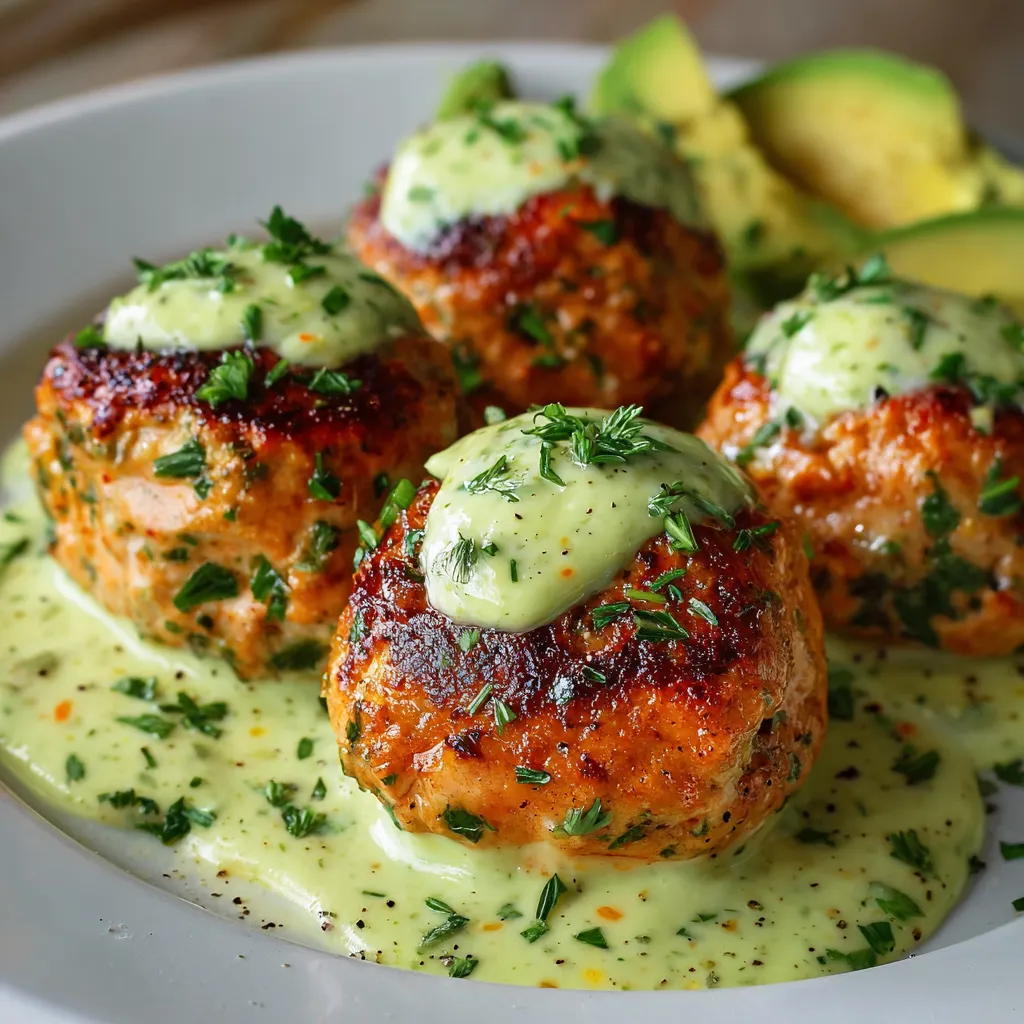 Plate of baked salmon meatballs with creamy avocado sauce, garnished with parsley