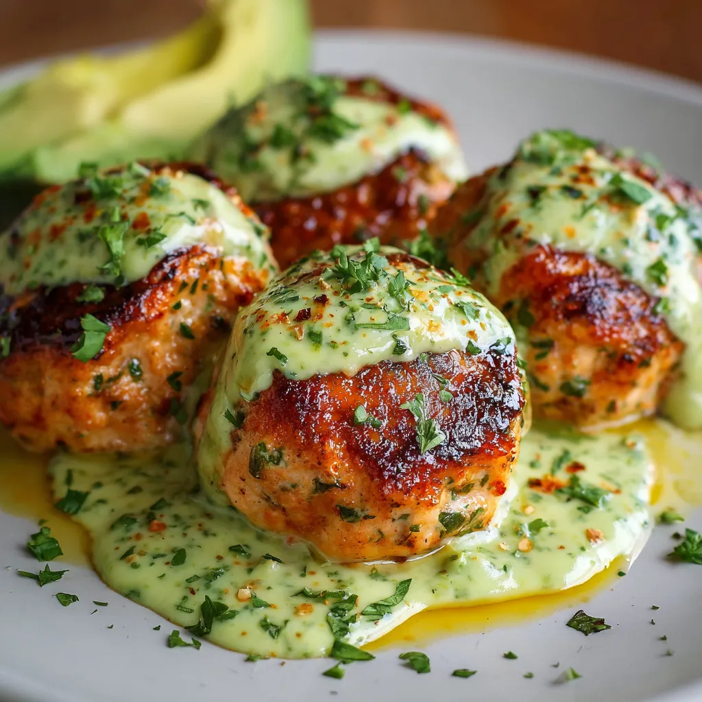 Plate of baked salmon meatballs with creamy avocado sauce, garnished with parsley