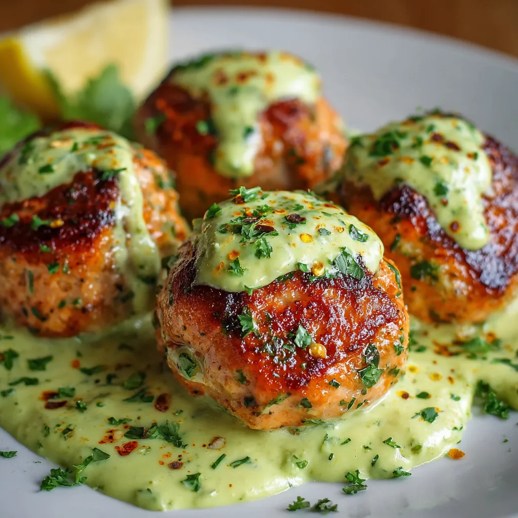 Plate of baked salmon meatballs with creamy avocado sauce, garnished with parsley