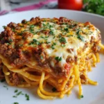 Cheesy baked spaghetti with ground beef in a casserole dish